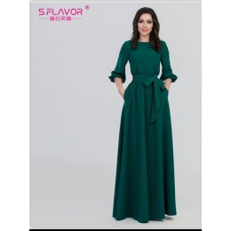 S. FLAVOR wiosna lato kobieta O-Neck z długim sukienka w stylu bohemy slim vestidos w stylu vintage trzy czwarte rękaw latarnia 