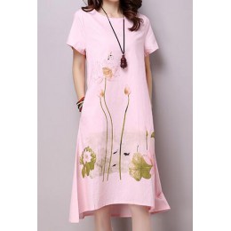 Letnia zwiewna sukienka damska do kolan z krótkim rękawem beżowa boho casual w kwiaty różowa biała
