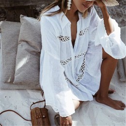 Damska sukienka tunika bawełniana na plażę lato zwiewna oversize długi rękaw na guziki boho