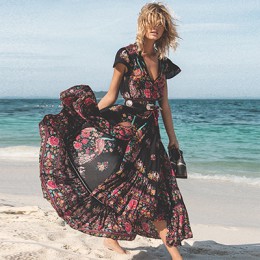 DeRuiLaDy 2019 nowy kobiety lato Boho plaża sukienka w dużym rozmiarze Sexy V szyi w stylu Vintage drukuj długie sukienki na co 