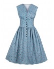 Kobiety lato w stylu Vintage sukienka kwiatowy Print z dekoltem w szpic, bez rękawów, Pin Up Vestidos przycisk Fly wieczór Party