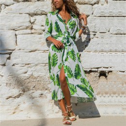 Długa sukienka kobiety kwiatowy Print lato plaża sukienki szyfonowe czeski z długim rękawem w stylu Vintage wakacje sukienka na 
