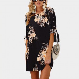 Kobiety letnia sukienka kwiatowy Print Boho plaża szyfonowa sukienka luźne na co dzień O-neck Mini sukienka na imprezę Sundress 