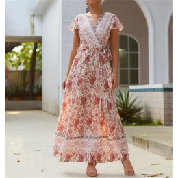 Nowa letnia sukienka Indie Folk 2019 kobiety Sexy drukowane łuk wakacje plaża sukienka dekolt w serek z krótkim rękawem damska s