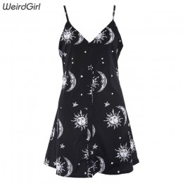 Modna mini sukienka damska na guziczki w kolorze czarnym oryginalny wzór słońca księżyce stylowa na ramiączkach