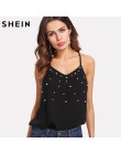 SHEIN Pearl zdobione Cami Top 2018 lato kobiet Top bez rękawów czarny V Neck kobiety Spaghetti pasek regularne Fit nosić