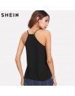 SHEIN Pearl zdobione Cami Top 2018 lato kobiet Top bez rękawów czarny V Neck kobiety Spaghetti pasek regularne Fit nosić