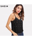 SHEIN Pearl zdobione Cami Top 2018 lato kobiet Top bez rękawów czarny V Neck kobiety Spaghetti pasek regularne Fit nosić