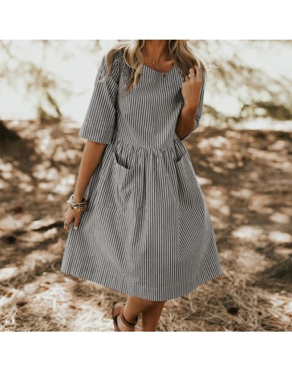 ZANZEA kobiety lato eleganckie O Neck połowa rękawem kieszenie luźne Party Vestido Casual Baggy praca w paski sukienka Sundress 