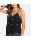 SHEIN Pearl zdobione Cami Top 2018 lato kobiet Top bez rękawów czarny V Neck kobiety Spaghetti pasek regularne Fit nosić