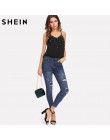 SHEIN Pearl zdobione Cami Top 2018 lato kobiet Top bez rękawów czarny V Neck kobiety Spaghetti pasek regularne Fit nosić