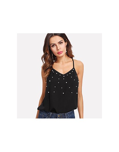 SHEIN Pearl zdobione Cami Top 2018 lato kobiet Top bez rękawów czarny V Neck kobiety Spaghetti pasek regularne Fit nosić