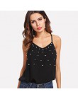 SHEIN Pearl zdobione Cami Top 2018 lato kobiet Top bez rękawów czarny V Neck kobiety Spaghetti pasek regularne Fit nosić