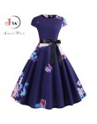 Kobiety w stylu Vintage sukienka 2019 lato kwiatowy Print sukienki z krótkim rękawem 50 s 60 s biuro Party Rockabilly huśtawka R