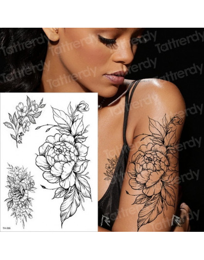 Tymczasowy tatuaż czarny kwiat rękaw naklejka wodoodporna piwonia róża