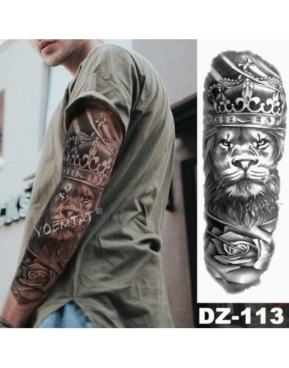 Tymczasowy tatuaż rękaw Lew korona król róża wodoodoporny naklejki tygrys mężczyźni czaszka wilk