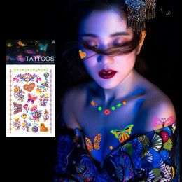 1 arkusz Luminous tymczasowe tatuaże naklejki Glow Dark fluorescencyjne wodoodporny motyl tatuaż dla twarzy Body Art Halloween P