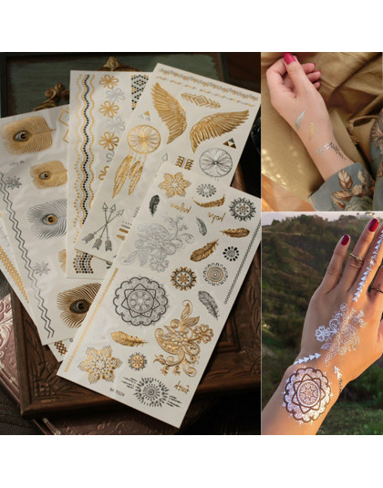 Złoty naszyjnik typu choker tymczasowy tatuaż Body Art rękaw Arm Flash naklejki z tatuażami 21*10.3 cm wodoodporny tatuaż Henna 