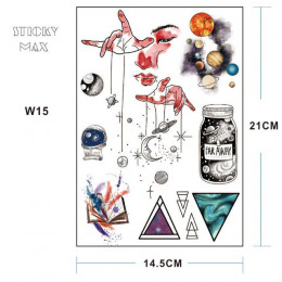 W15 1 sztuka kosmos Universe tymczasowy tatuaż z miejsca geometryczne, planeta, astronauta wzór malowania ciała tatuaże