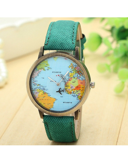 Gorąca sprzedaż Mini zegarek kwarcowy mężczyźni Unisex mapa świata mody samolot podróży dookoła świata kobiety skórzana sukienka