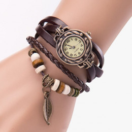 2018 mody panie zegarki kobiety luksusowe liść na rękę skórzany dla kobiet bransoletka w stylu Vintage Sport zegar zegarek boże 