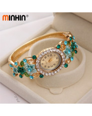 MINHIN marka luksusowe bransoletka zegarek damski kryształ kwiat bransoletka kobiety piękny prezent sukienka zegarek kwarcowy po