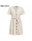 BerryGo Sexy dekolt w serek kobiety sukienki lniana sukienka w stylu Vintage z krótkim rękawem przycisk sash mini sukienka na co