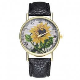 Proste luksusowe PU skóra zegarki kwarcowe zegarki na rękę słonecznika malarstwo kobiety panie zegarek dla pary zegar biżuteria 