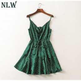 NLW w stylu Vintage zielony Polka Dot sukienka Stain kobiety 2019 lato Sexy pasek Backless krótka sukienka dziewczyna elegancki 