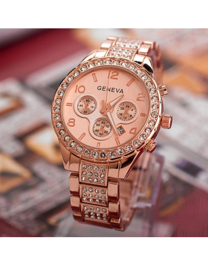 Luksusowe zegarki damskie różowe złote zegarki kobiety moda Rhinestone ze stali nierdzewnej panie z metalu zegarek relogio femin