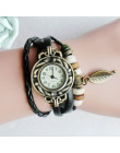 Brązowy Retro Weave Wrap Lady koralik liść dynda bransoletka bransoletka zegarek kwarcowy zegarek na rękę Reloj de dama darmowa 