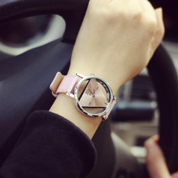 Moda hollow trójkąt kobiet kwarcowe zegarki proste nowość i indywidualizmu kreatywny zegarek na rękę czarny biały skórzany zegar