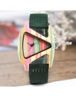 Unikalne kolorowe drewna zegarek kreatywny trójkąt kształt Dial godziny zegar kobiety zegarek kwarcowy pasek ze skóry zegarek da