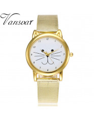 Vansvar marka moda złoto opaska siatkowa kot zegarek luksusowy zegarek kwarcowy na co dzień Relogio Feminino zegar na prezent Dr