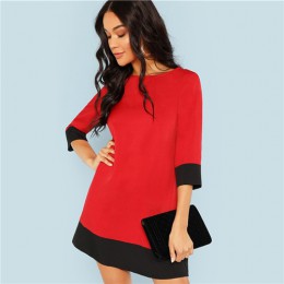 SHEIN czerwony kontrast wykończenia tunika sukienka odzież robocza Colorblock 3/4 z długim rękawem krótkie sukienki kobiety jesi