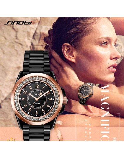 SINOBI mody kobiety diamenty zegarki sztuczna ceramika Watchband Top luksusowa marka sukienka panie genewa kwarcowy zegar 2019