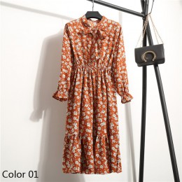 Lato jesień szyfonowa sukienka na co dzień słodkie kobiety floral długie suknie Bowknot z długim rękawem Vestido S-XL rozmiar