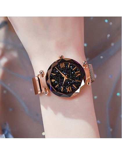 Kobiety Starry Sky zegarki czarny magnetyczny opaska siatkowa ze stali nierdzewnej kwarcowy zegarek kobiet panie kobiet Roman li