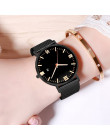 Duży czarny zegarek damski luksusowy na regulowanej bransolecie kwarcowy analogowy matowy