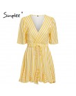 Simplee w stylu Vintage sukienka w paski kobiety V neck wzburzyć bawełniane krótkie lato sukienka plus rozmiar Sexy na co dzień 