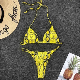 2019 nowy wysokiej talii Bikini zestaw żółty Bandeau strój kąpielowy Sexy drukuj stringi Bikini kobiety stroje kąpielowe dwuczęś