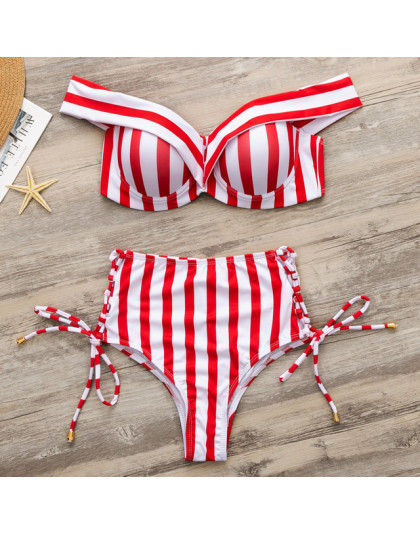 Strój kąpielowy w paski kobiety wysoka talia bikini set strój kąpielowy z odsłoniętymi ramionami 2019 Lace up strój kąpielowy Se