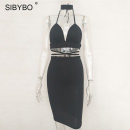 Sibybo Sexy świecący bandaż Bodycon sukienki 2018 Halter głębokie V Neck Lace Up Crop Top dwuczęściowy zestaw lato Party sukienk