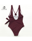 CUPSHE stałe niskiej powrót jednoczęściowy strój kąpielowy kobiety Burgundy głębokie V szyi Monokini 2019 dziewczyna plaża wyści