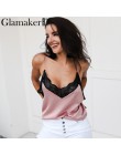 Glamaker elegancki v neck haft koronka kobiety topy i koszulki Satin różowy backless luźne lato podkoszulek z camisole top kobie