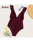 Romwe Sport różowy stałe stroje kąpielowe Plunge Neck wzburzyć jednoczęściowy strój kąpielowy kobiety lato drut bezpłatny Monoki