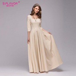 S. smak kobiety w stylu Vintage plac kołnierz długa sukienka nowy elegancki jednolity kolor 3/4 z długim rękawem party vestidos 
