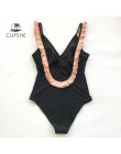 CUPSHE czarny z różowy wzburzyć jednoczęściowy strój kąpielowy kobiety Colorblock z dekoltem w kształcie litery v śliczne Monoki