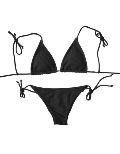 Dwuczęściowy strój kąpielowy dla kobiet bikini na wakacje z prążkowanej dzianiny klasyczny wygodny modny jednokolorowy seksowny