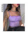 BOOFEENAA wzburzyć wykończenia fioletowy słodkie Sexy Crop Top kobiety Clubwear Cami Tank Tops Backless Spaghetti pasek Top kosz